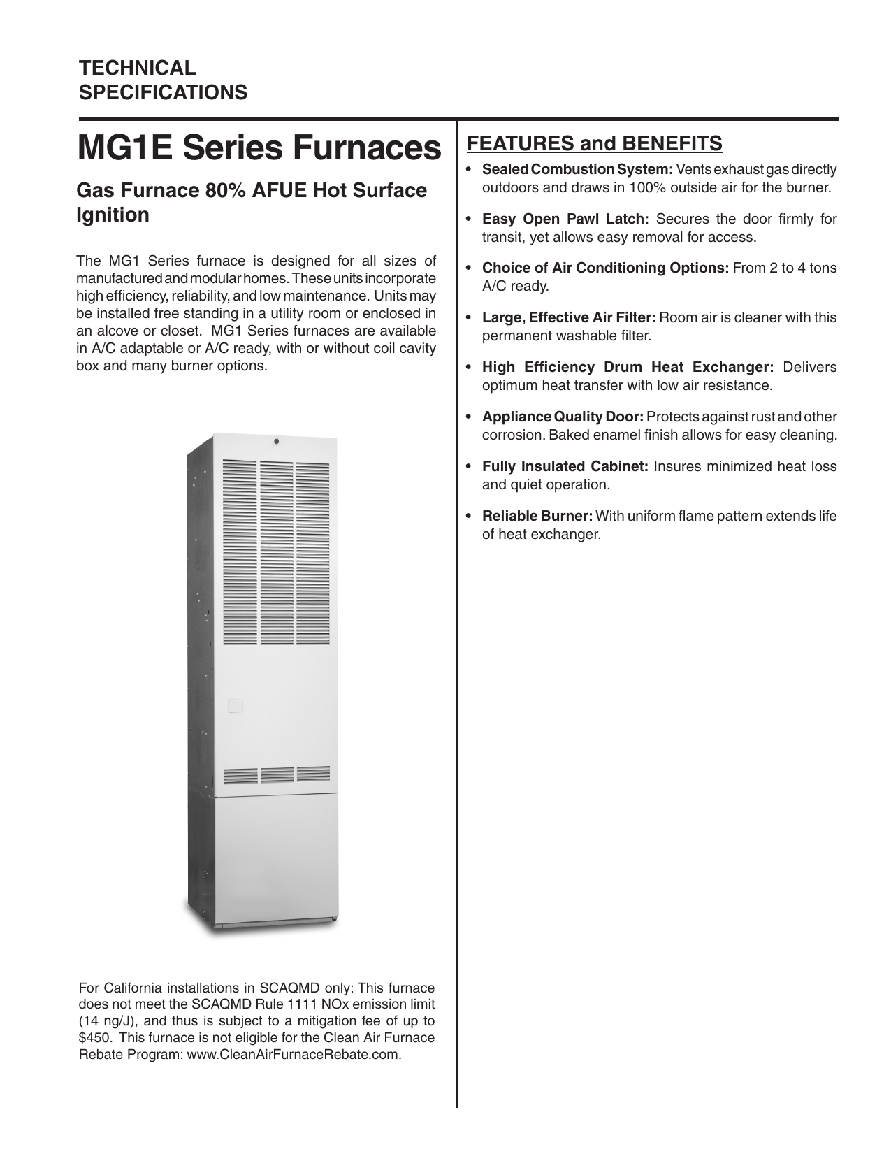 Comfort-Aire MG1E-090F1ABM1 MFH GAS FURN 80% 90MBH DF 4T Specifications |  Manualzz