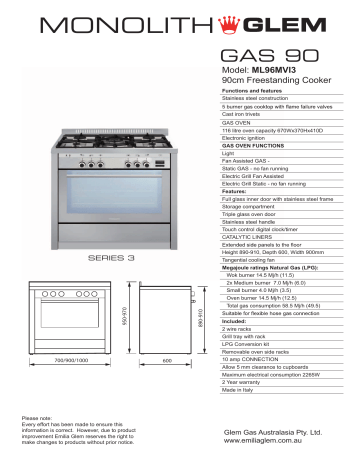 Glem Gas ML96MVI3 Glem Freestanding Gas Oven/Stove Product sheet | Manualzz