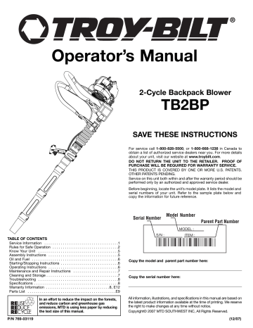 Troy-Bilt TB2BP Operator's Manual | Manualzz