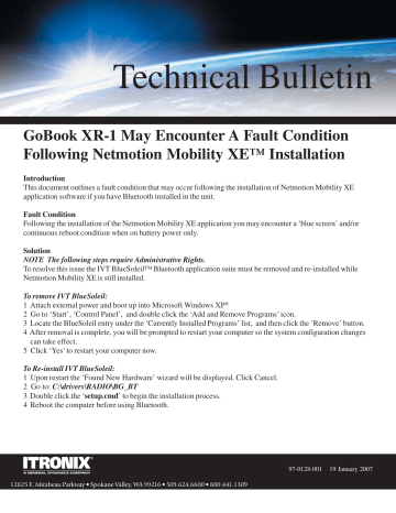 Itronix GoBook XR-1 Product Support Bulletin | Manualzz