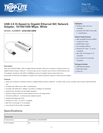 Tripp Lite USB 2.0 Hi-Speed to Gigabit Ethernet NIC Network Adapter, 10/100/1000 Mbps, White Networking Card Leaflet | Manualzz