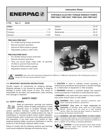 Enerpac PME10027, PME10422, PME10427 Instruction Sheet | Manualzz