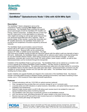 Cisco GainMaker Reverse Segmentable Node - 1GHz with 40 52 MHz Split Network Equipment Data Sheet | Manualzz