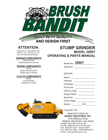 Brush Bandit 2900T Operating & Parts Manual | Manualzz
