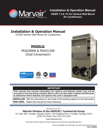 Airxcel Marvair MGA3120A Installation & Operation Manual | Manualzz