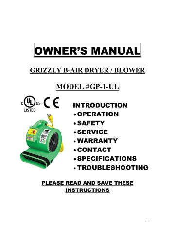 B-Air GRIZZLY GP-1-UL Owner's Manual | Manualzz