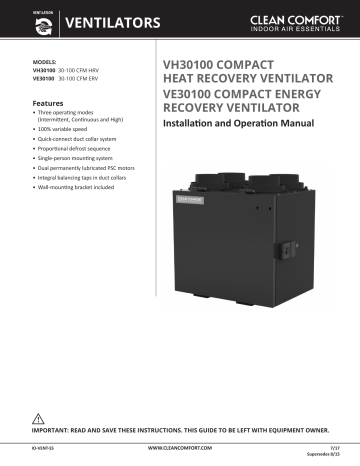 VENTILATORS VE30100 Installation And Operation Manual | Manualzz