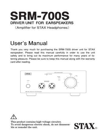 STAX SRM-700S Owner's Manual - Driver Unit for Earspeakers | Manualzz